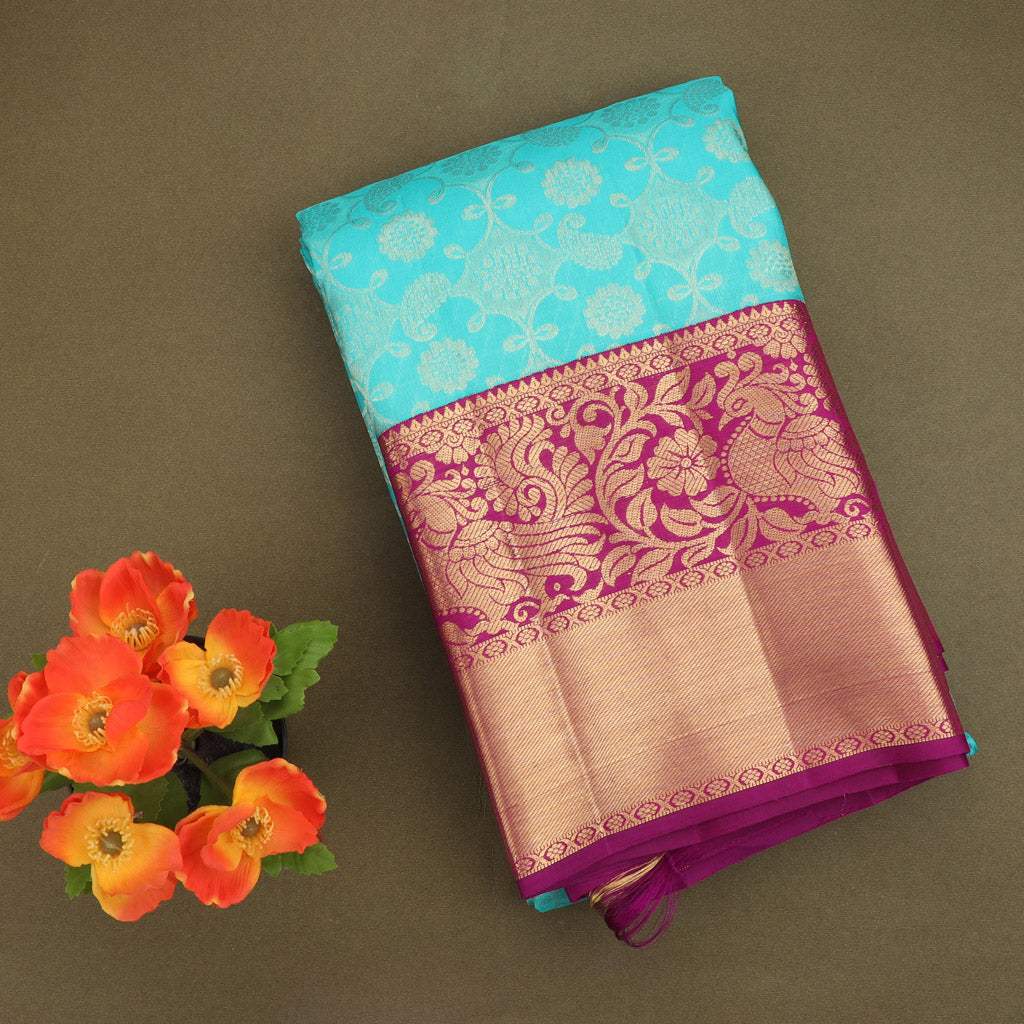 Celeste Blue Kanjivaram Silk Saree With Floral Jaal Design - Singhania's