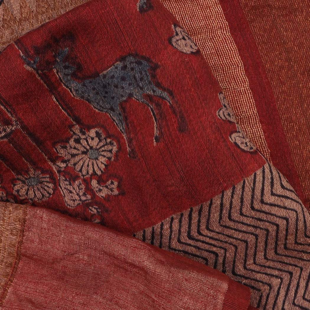 Earthy Red Handblock Printed Matka Tussar Saree - Singhania's