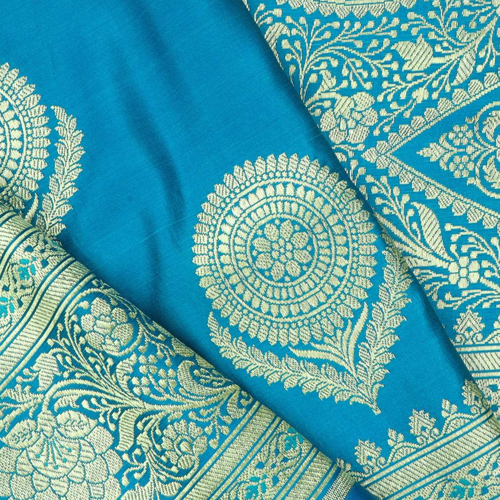 Blue Banarasi Silk Saree With Floral Buttas - Singhania's