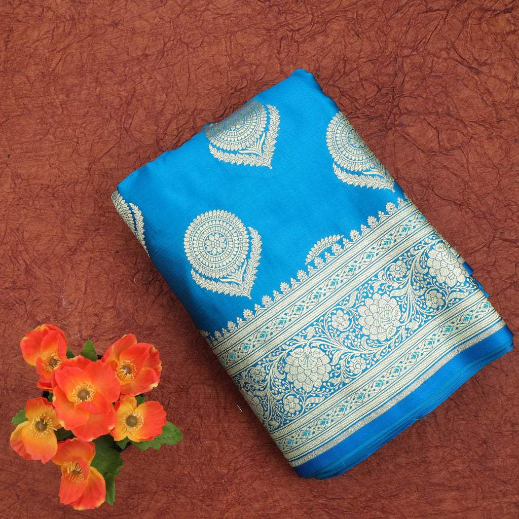 Blue Banarasi Silk Saree With Floral Buttas - Singhania's