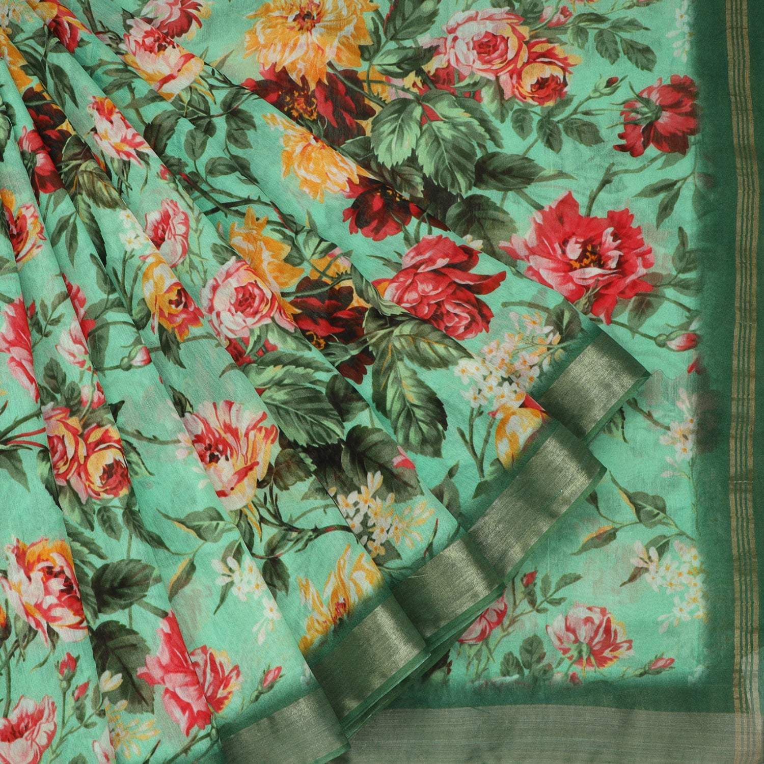 Seafoam Green Maheshwari Silk Saree With Floral Printed Motifs - Singhania's
