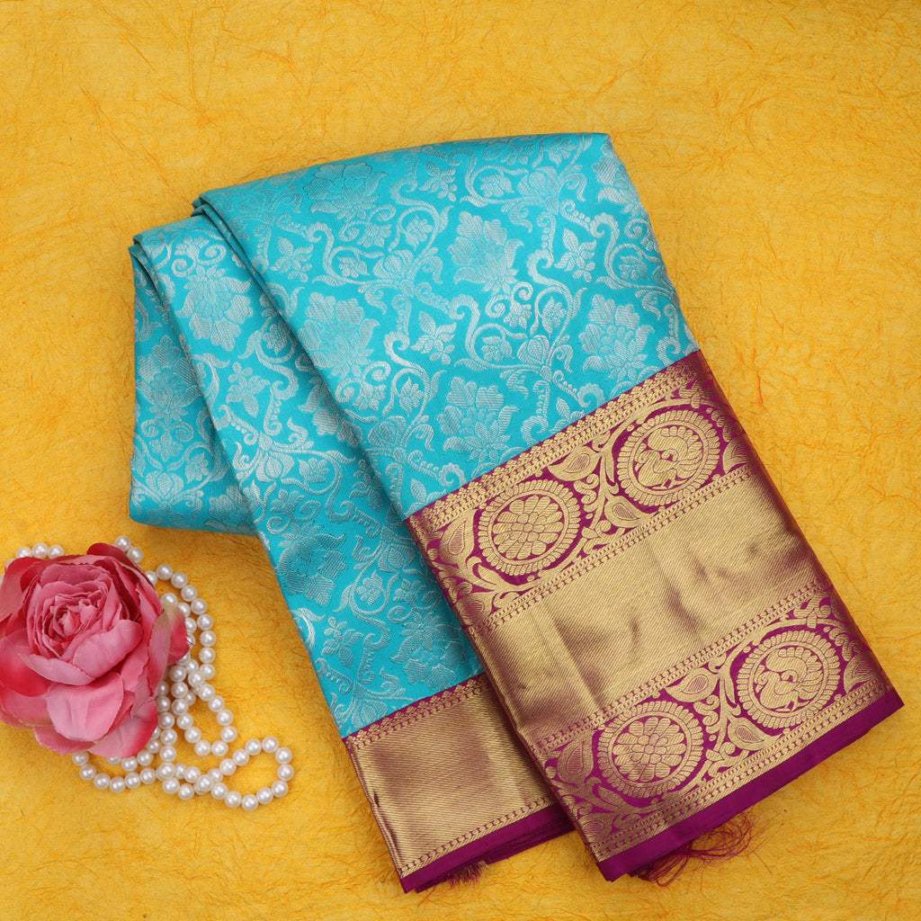 Sky Blue Kanjivaram Silk Saree With Floral Jaal Design - Singhania's