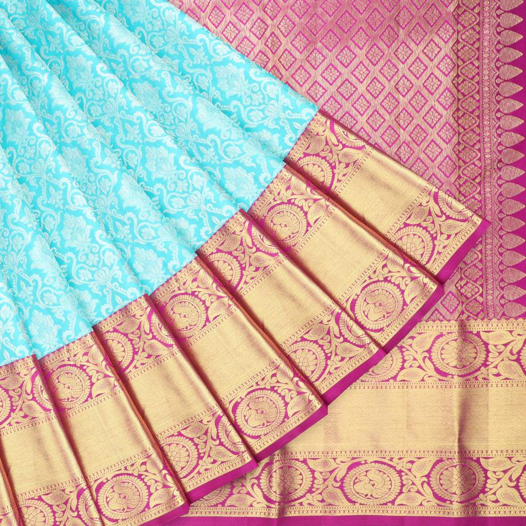 Sky Blue Kanjivaram Silk Saree With Floral Jaal Design - Singhania's