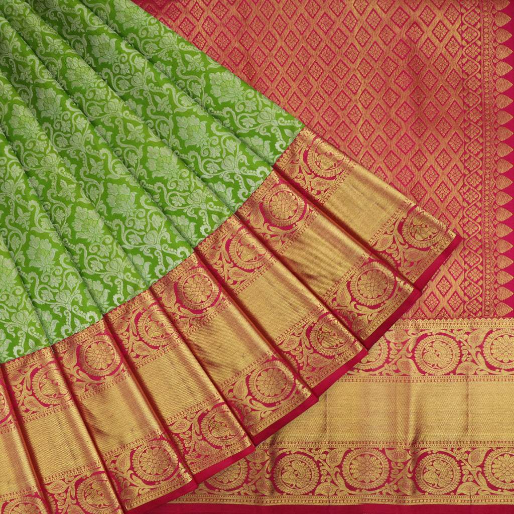 Green Kanjivaram Silk Saree With Floral Jaal Design - Singhania's