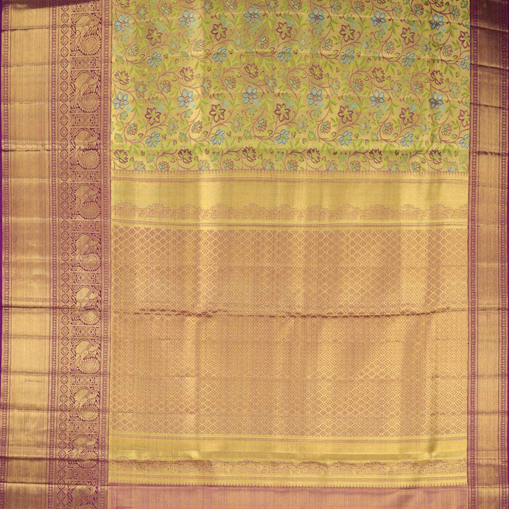 Pale Gold Tissue Kanjivaram Silk Saree With Floral Motif Pattern - Singhania's