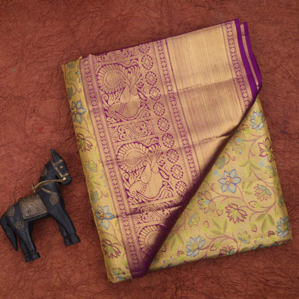 Pale Gold Tissue Kanjivaram Silk Saree With Floral Motif Pattern - Singhania's