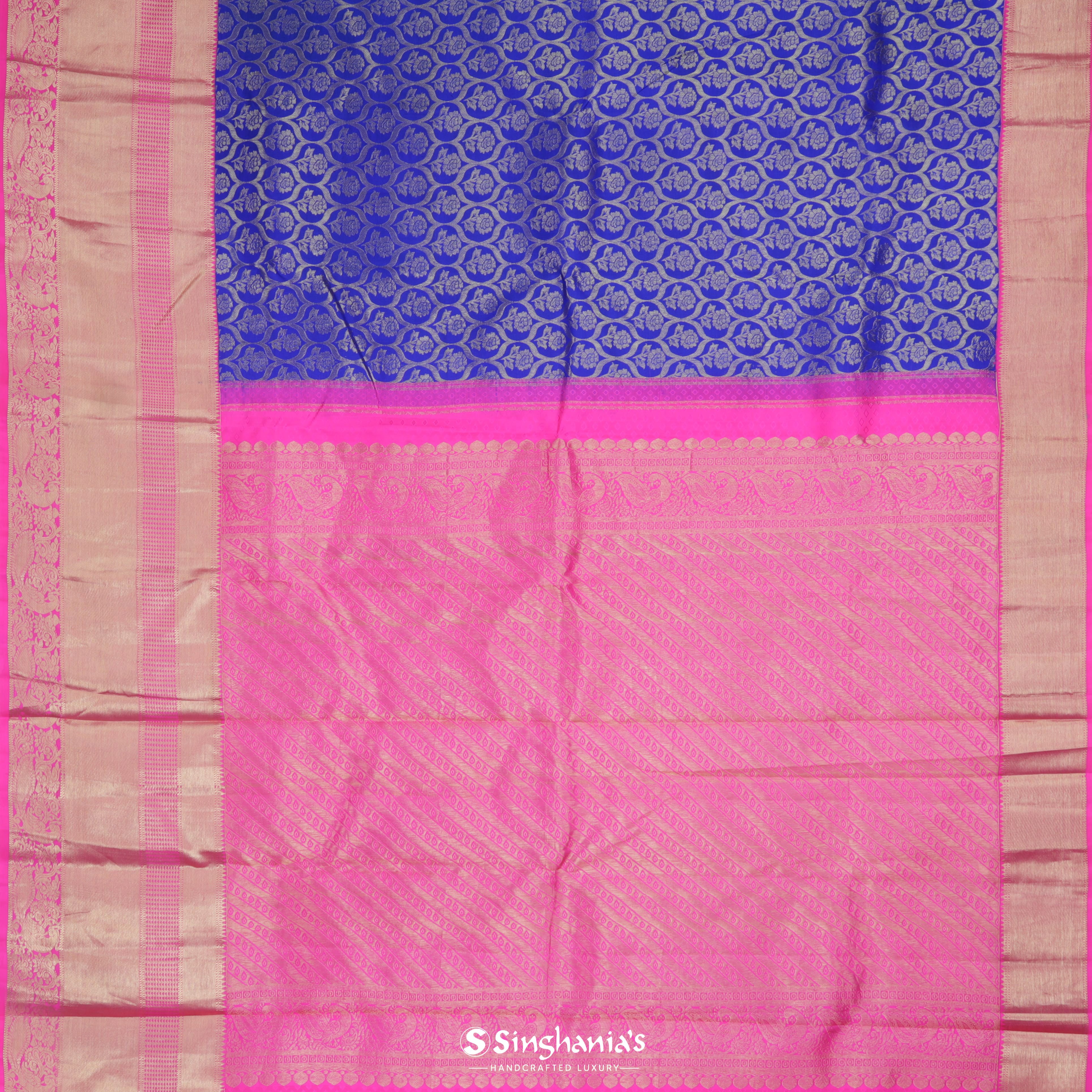 Admiral Blue Silk Kanjivaram Saree With Floral Buttas