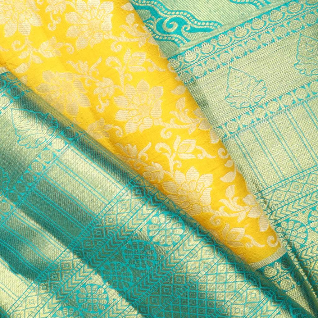 Bright Yellow Kanjivaram Silk Saree With Floral Pattern - Singhania's