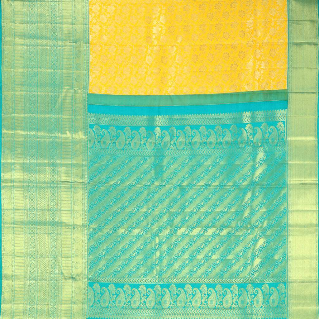 Bright Yellow Kanjivaram Silk Saree With Floral Pattern - Singhania's