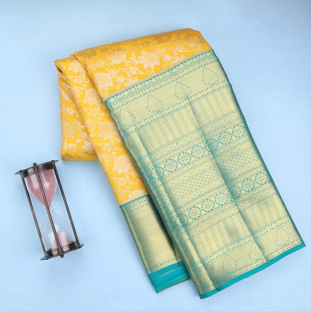 Bright Yellow Kanjivaram Silk Saree With Floral Pattern - Singhania's