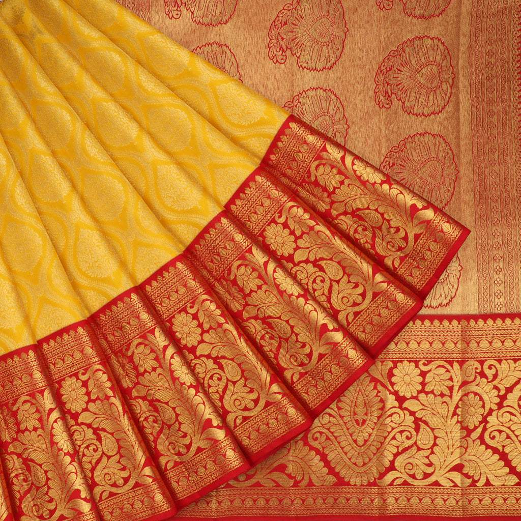 Bright Yellow Kanjivaram Silk Saree With Floral Buttas - Singhania's