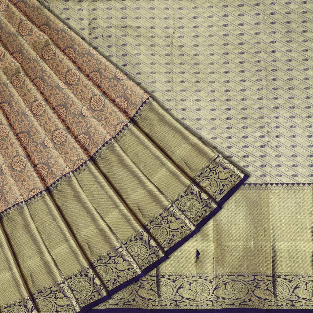 Pastel Grey Tissue Kanjivaram Silk Saree With Floral Jaal Design - Singhania's