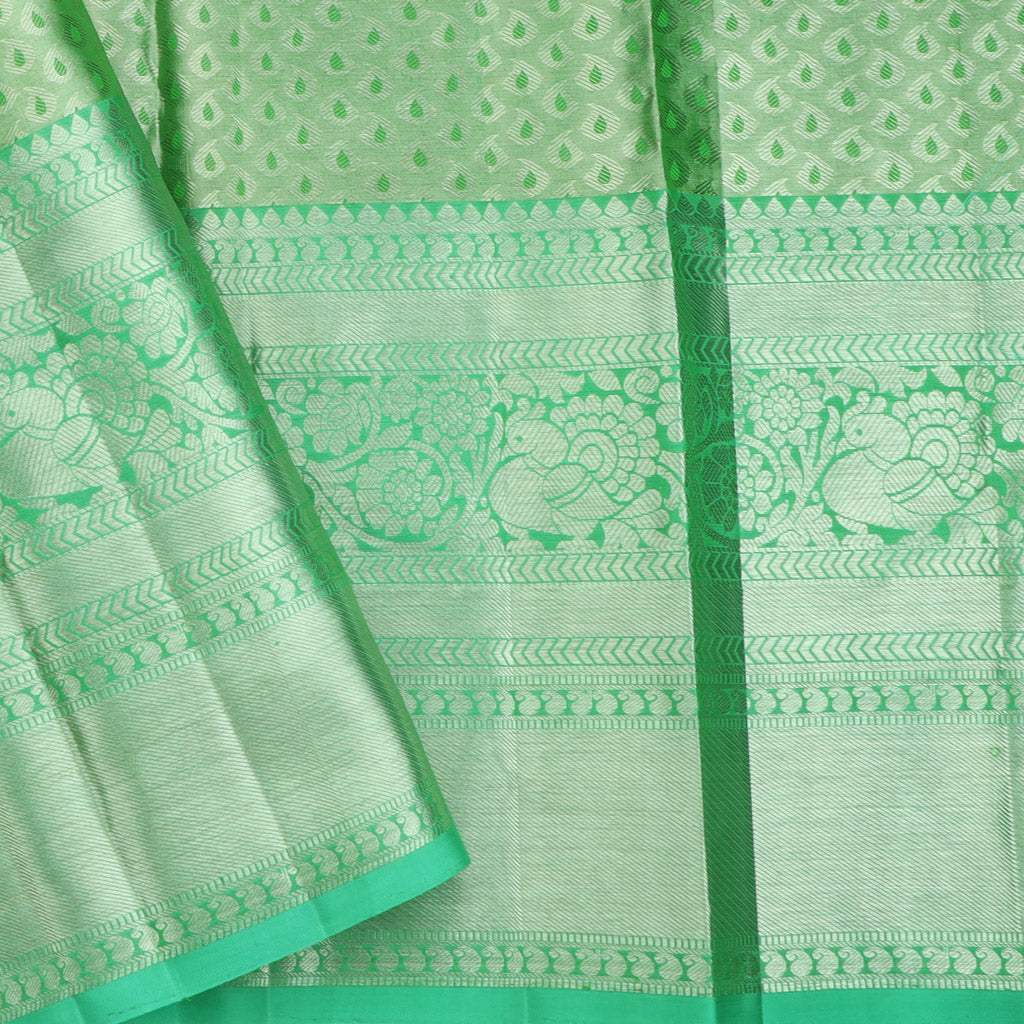 Green Tissue Kanjivaram Silk Saree With Floral Jaal Design - Singhania's