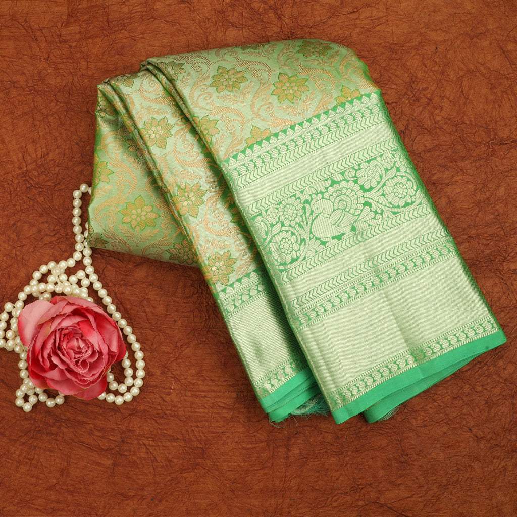 Green Tissue Kanjivaram Silk Saree With Floral Jaal Design - Singhania's