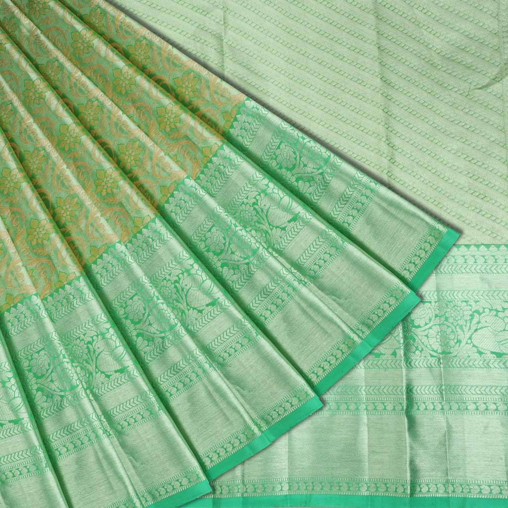 Green Tissue Kanjivaram Silk Saree With Floral Jaal Design - Singhania's