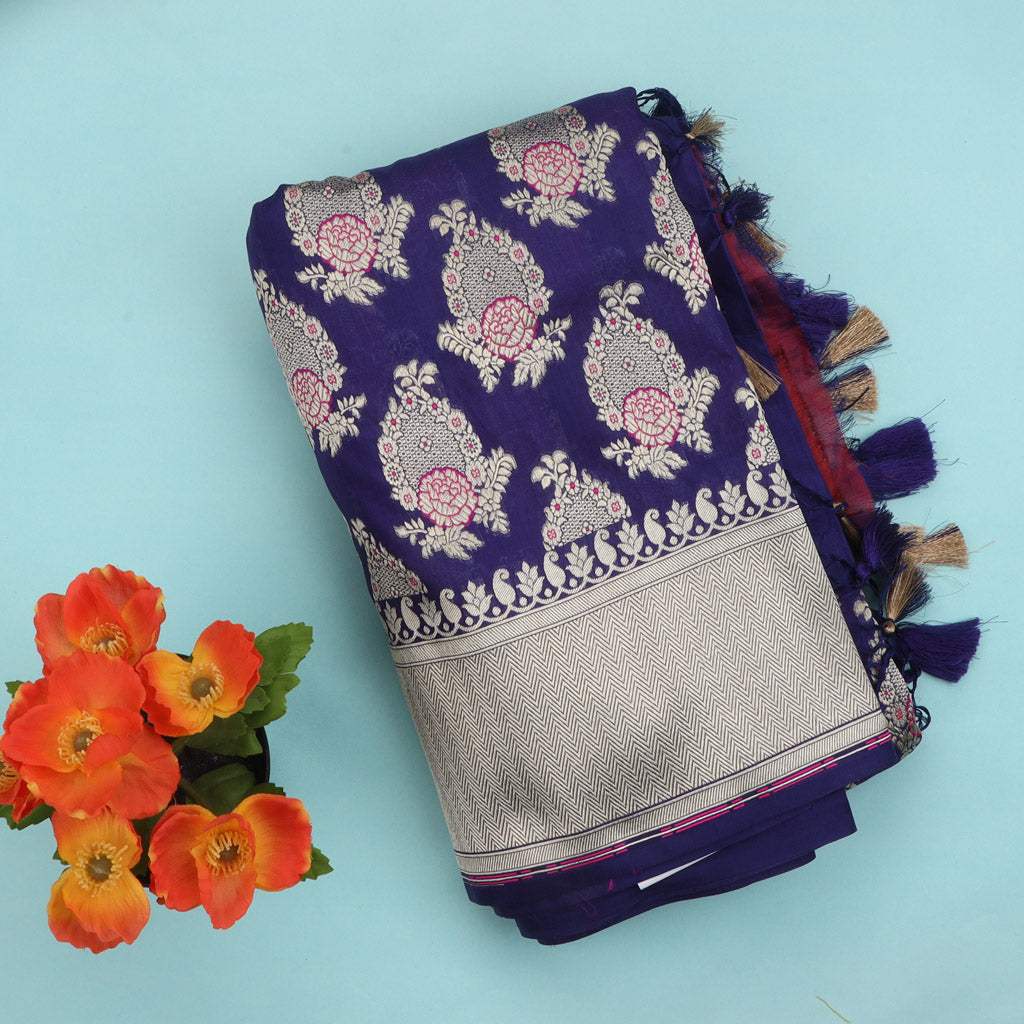 Dark Blue Banarasi Silk Handloom Saree With Floral Motifs - Singhania's