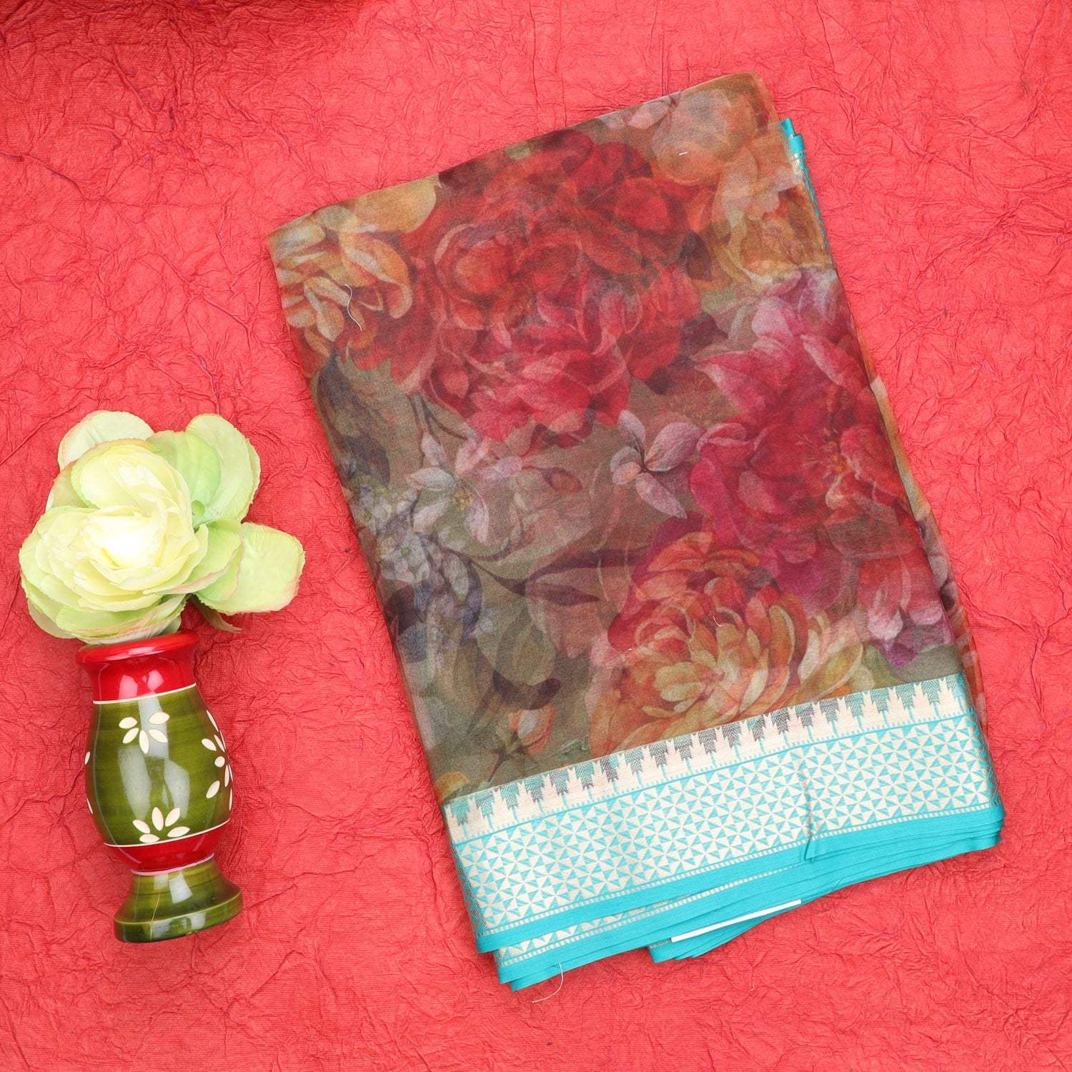 Mehendi Green Organza Printed Saree - Singhania's