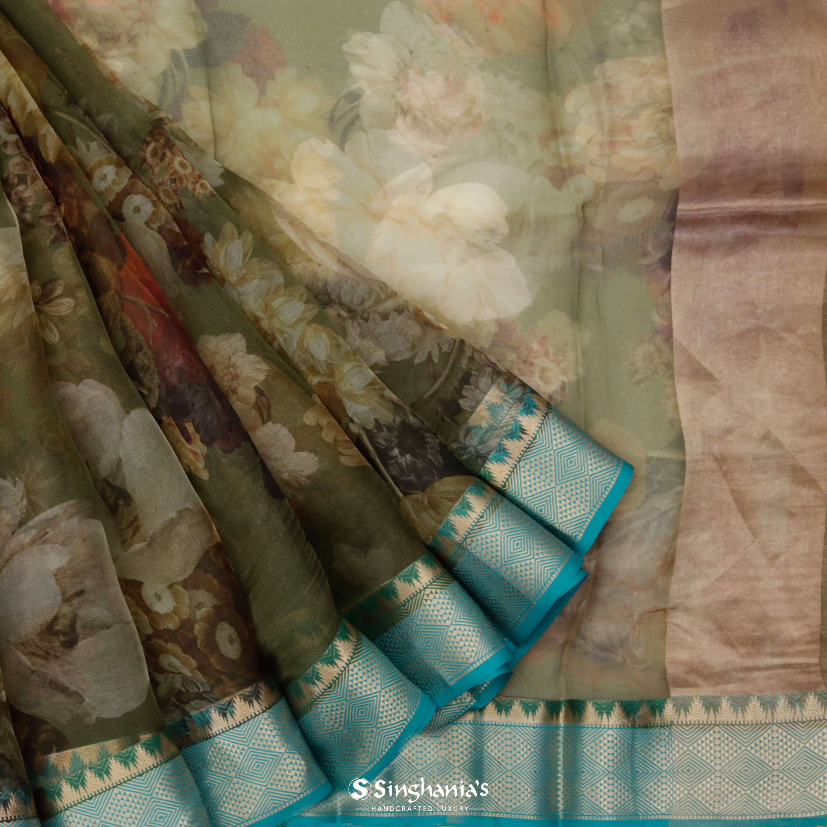 Mehandi Green Organza Printed Saree With Floral Motif Pattern