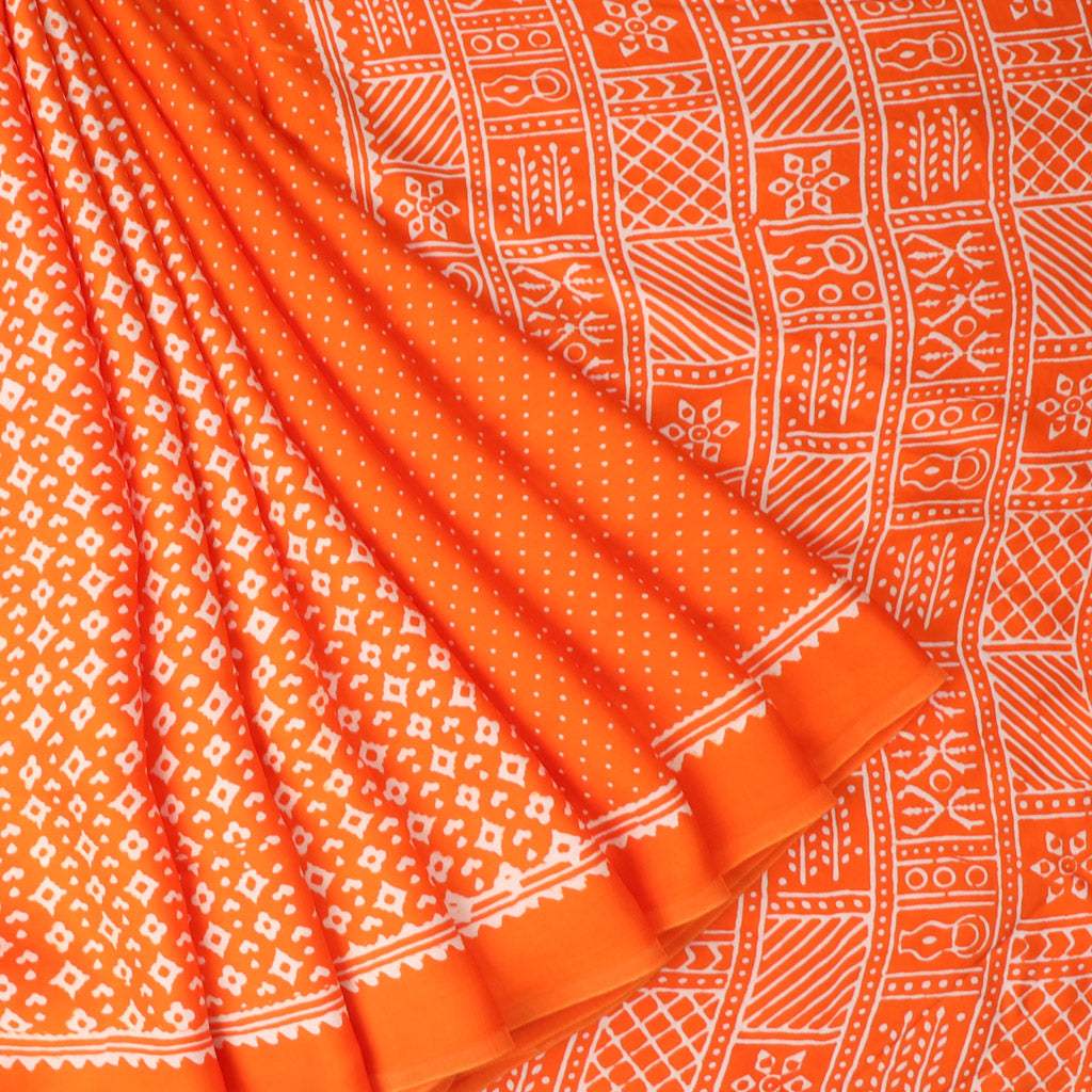 Vibrant Orange Printed Satin Silk Saree - Singhania's