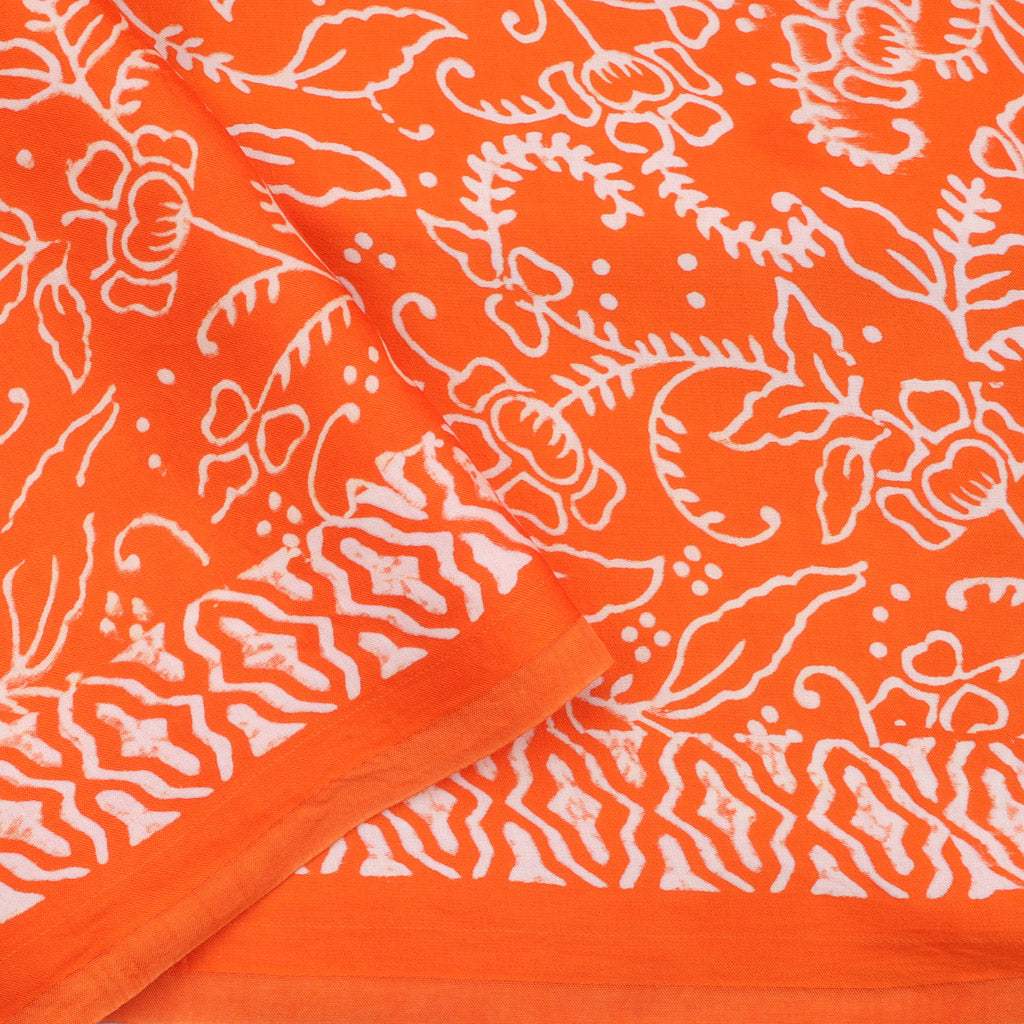 Bright Orange Printed Satin Silk Saree With Floral And Polka Dots - Singhania's