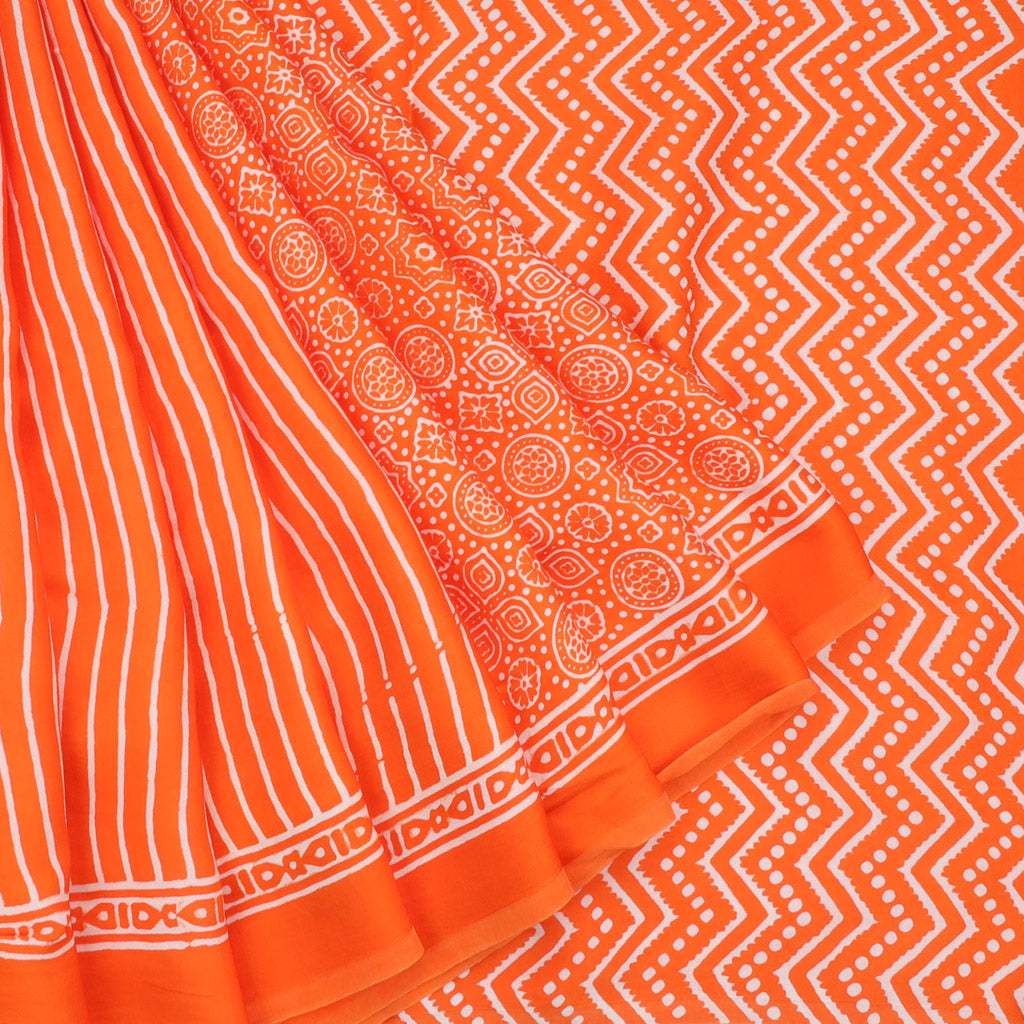 Vibrant Orange Printed Satin Silk Saree With Floral Motifs - Singhania's