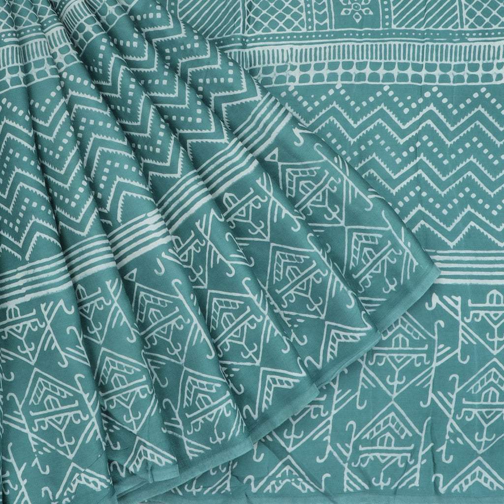 Tiffany Blue Printed Satin Silk Saree With Geometrical Motifs - Singhania's