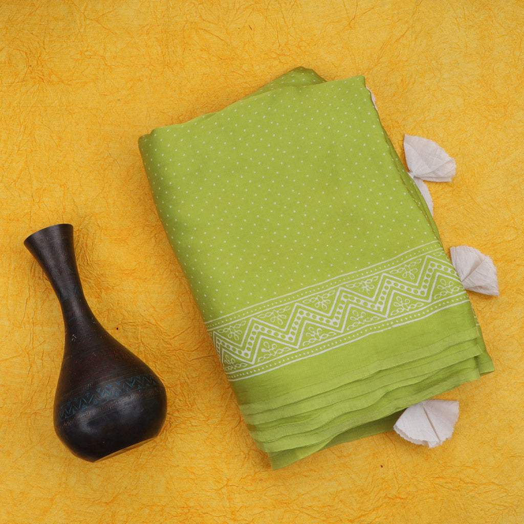 Lime Green Printed Satin Silk Saree With Polka Dots - Singhania's