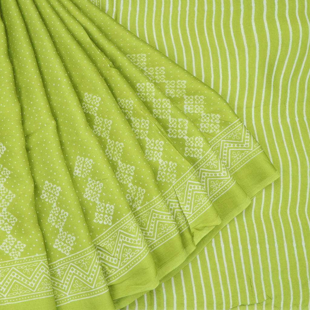 Lime Green Printed Satin Silk Saree With Polka Dots - Singhania's