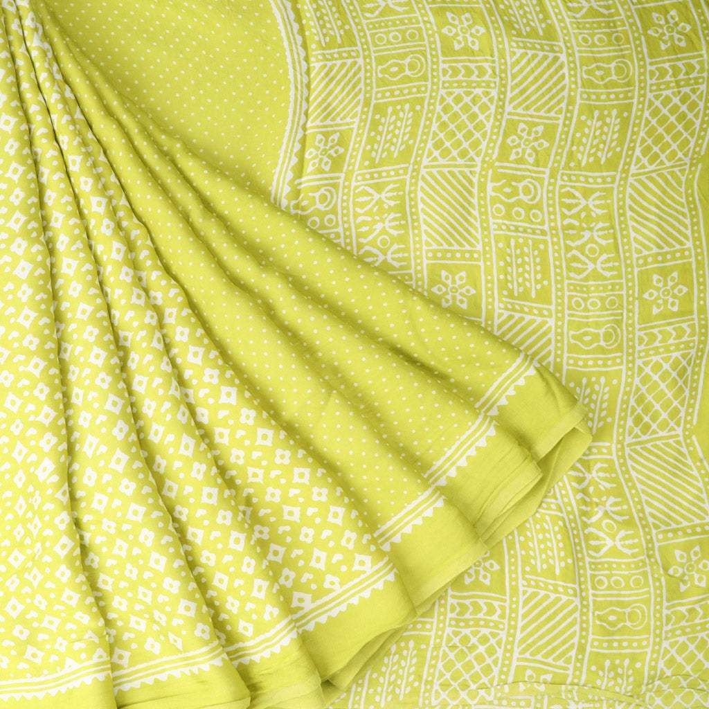 Lime Green Printed Satin Silk Saree - Singhania's