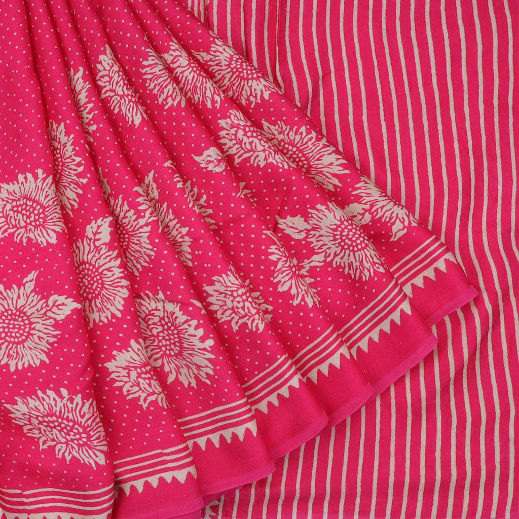 Pink Printed Satin Silk Saree - Singhania's