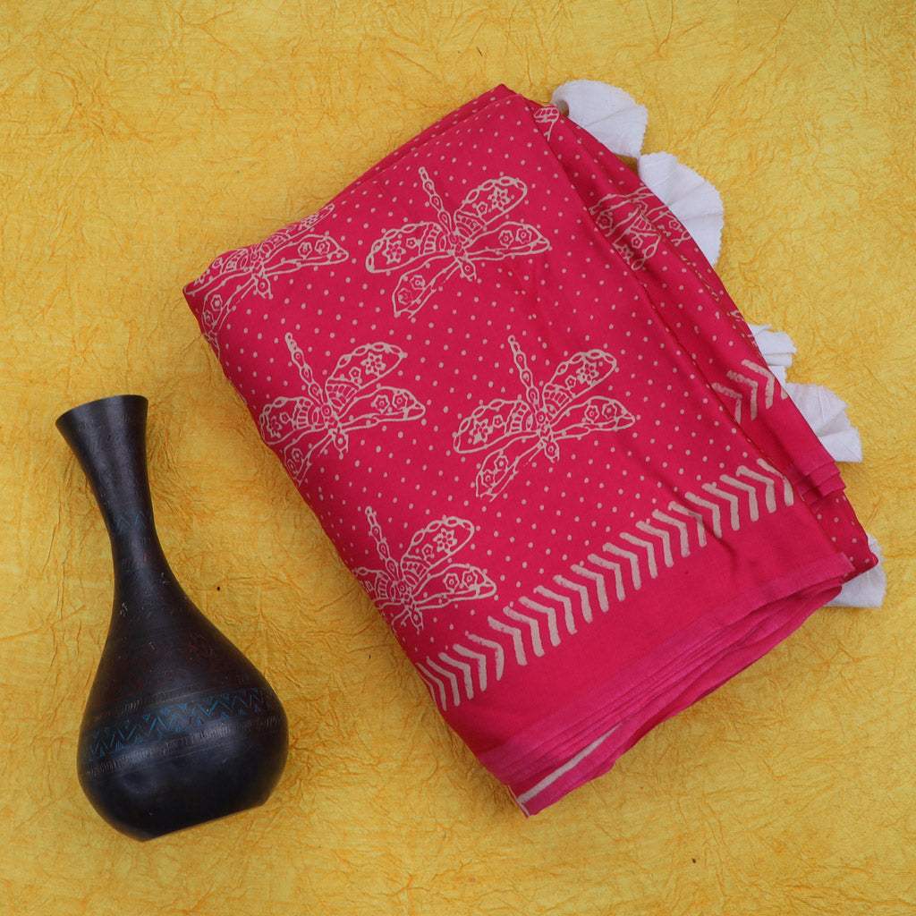 Vibrant Pink Printed Satin Silk Saree - Singhania's