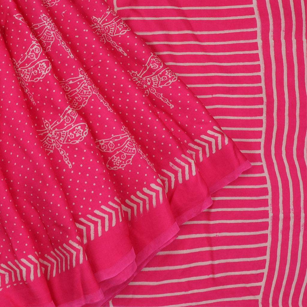 Vibrant Pink Printed Satin Silk Saree - Singhania's