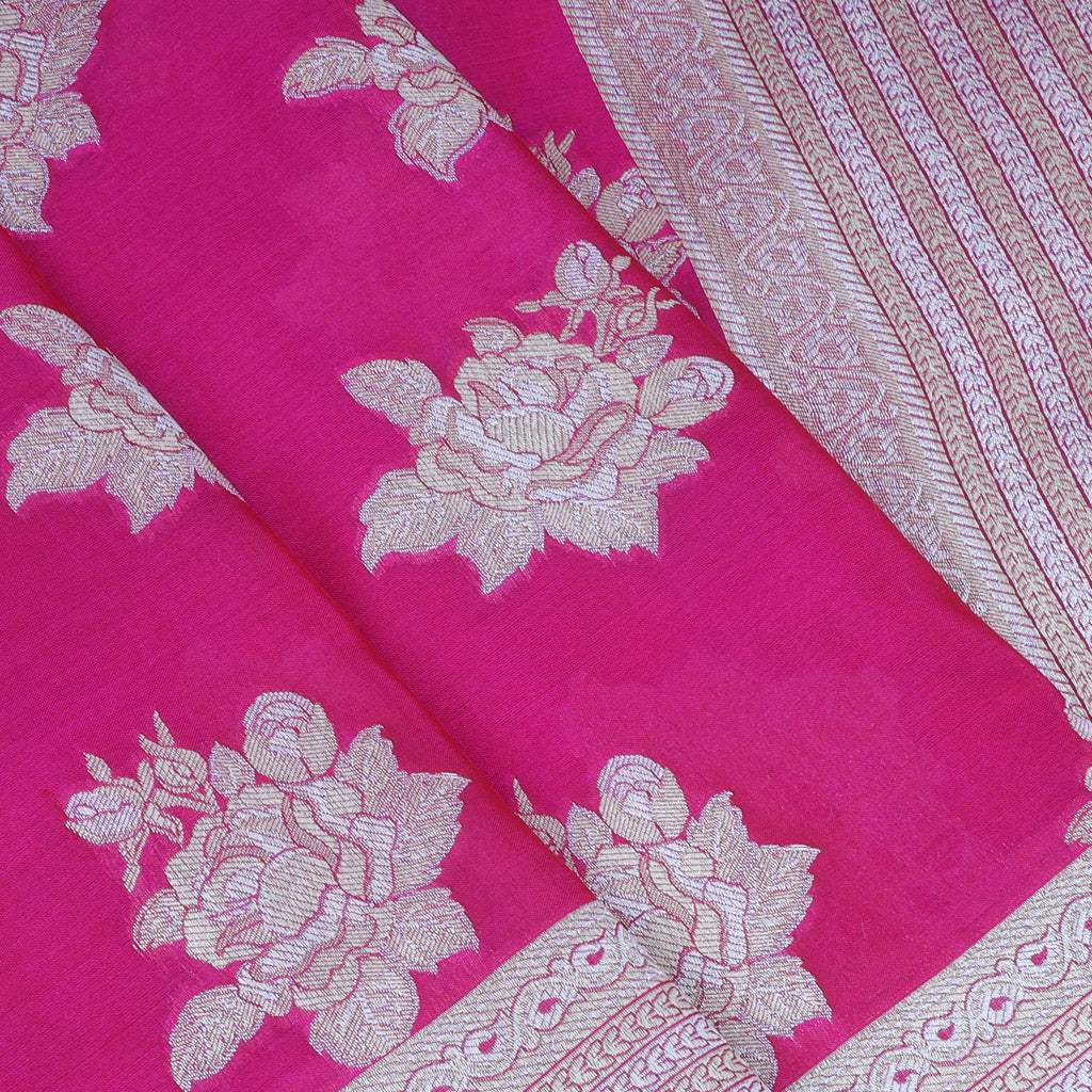 Rani Pink Banarasi Silk Saree With Floral Motifs - Singhania's