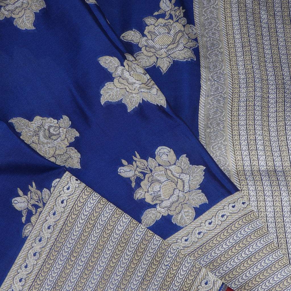 Navy Blue Banarasi Silk Saree With Floral Motifs - Singhania's