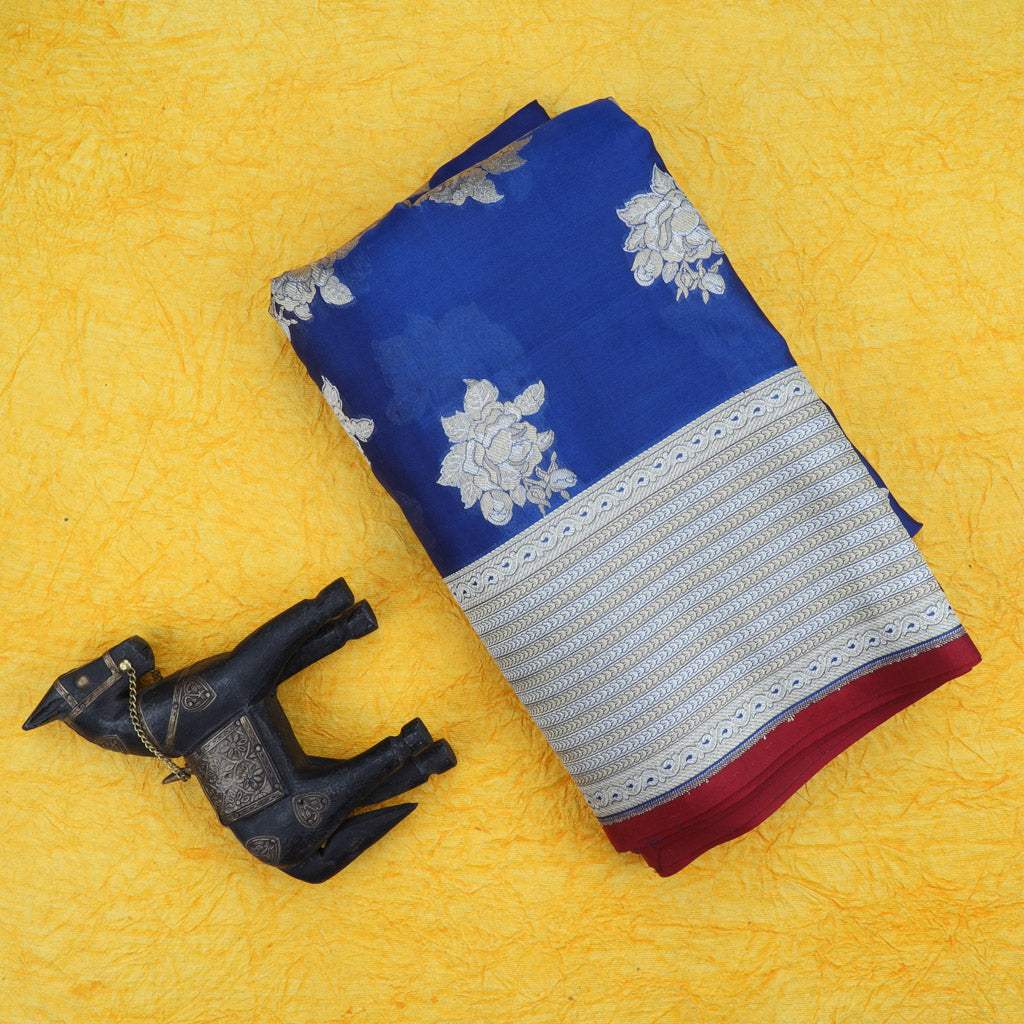 Navy Blue Banarasi Silk Saree With Floral Motifs - Singhania's