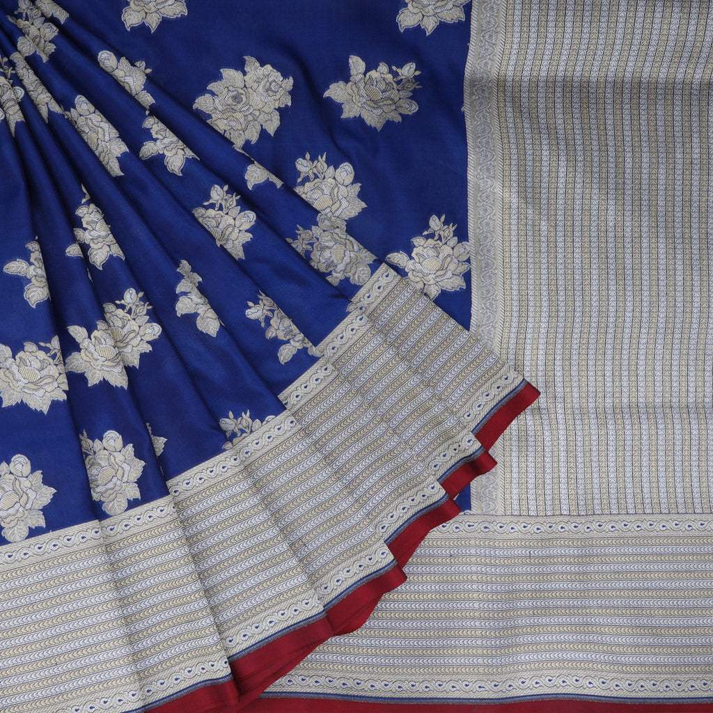 Navy Blue Banarasi Silk Saree With Floral Motifs - Singhania's