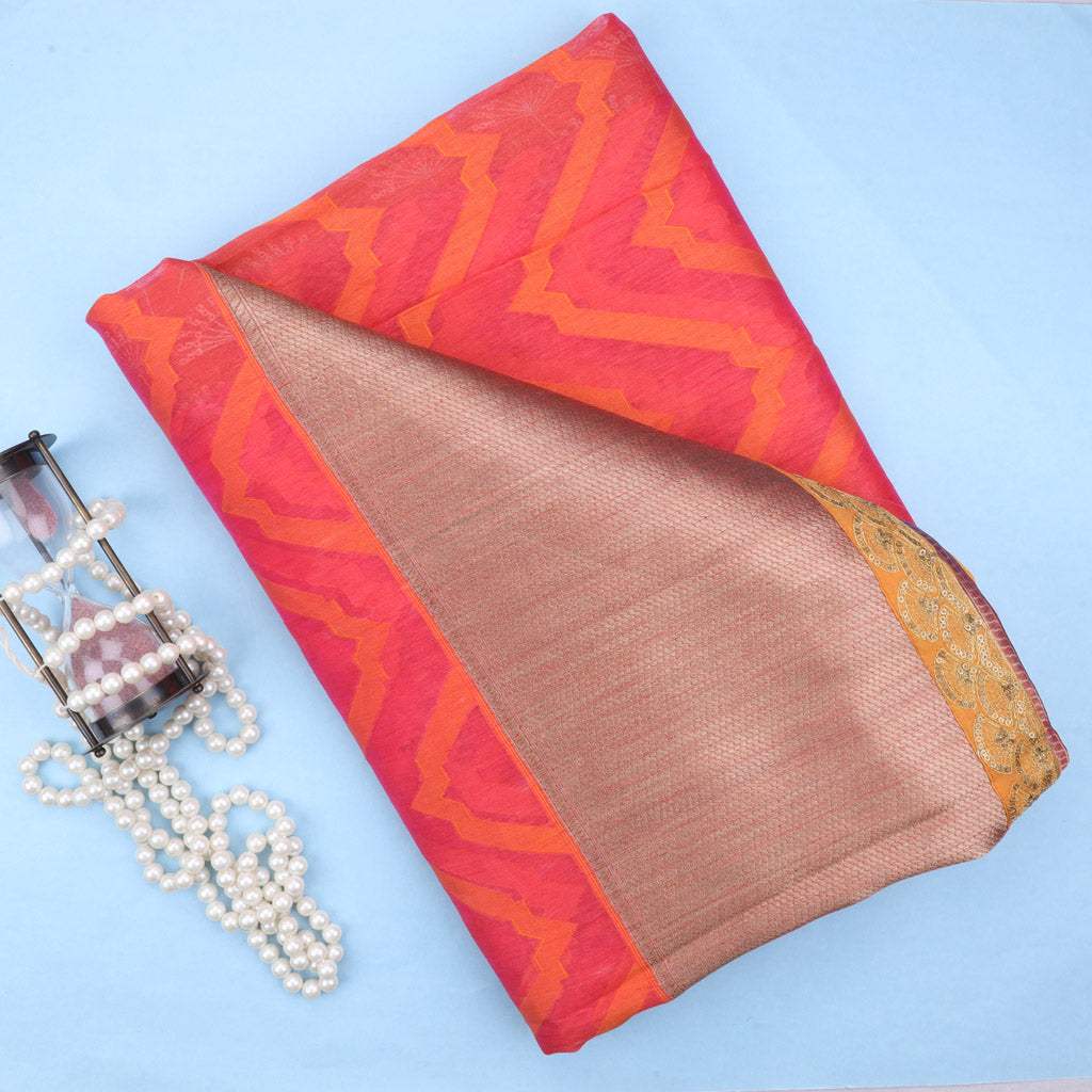 Bright Pink Printed Linen Saree With Sequin Embroidery - Singhania's