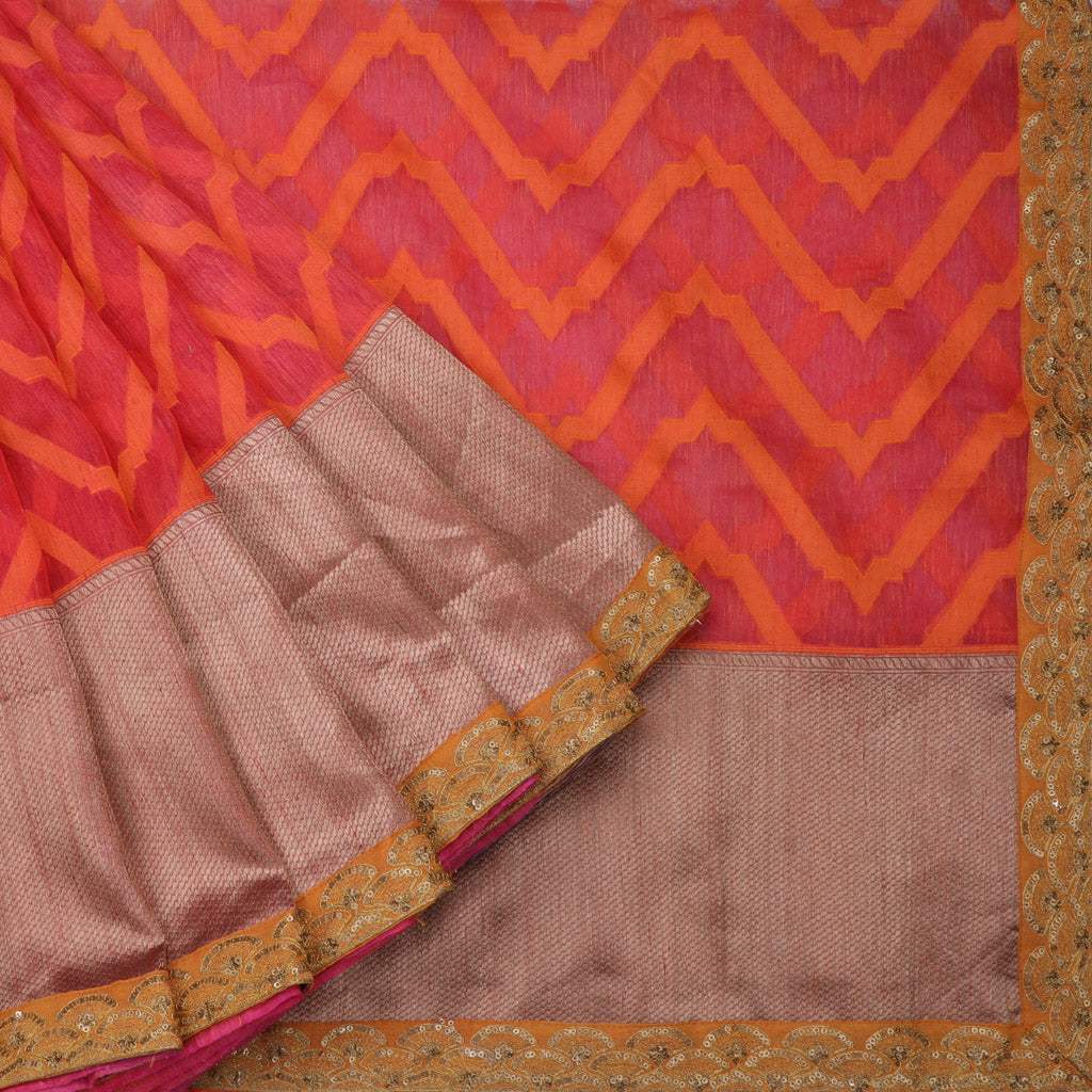 Bright Pink Printed Linen Saree With Sequin Embroidery - Singhania's