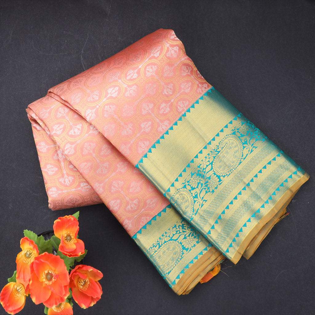 Peach Kanjivaram Silk Saree With Floral Pattern - Singhania's