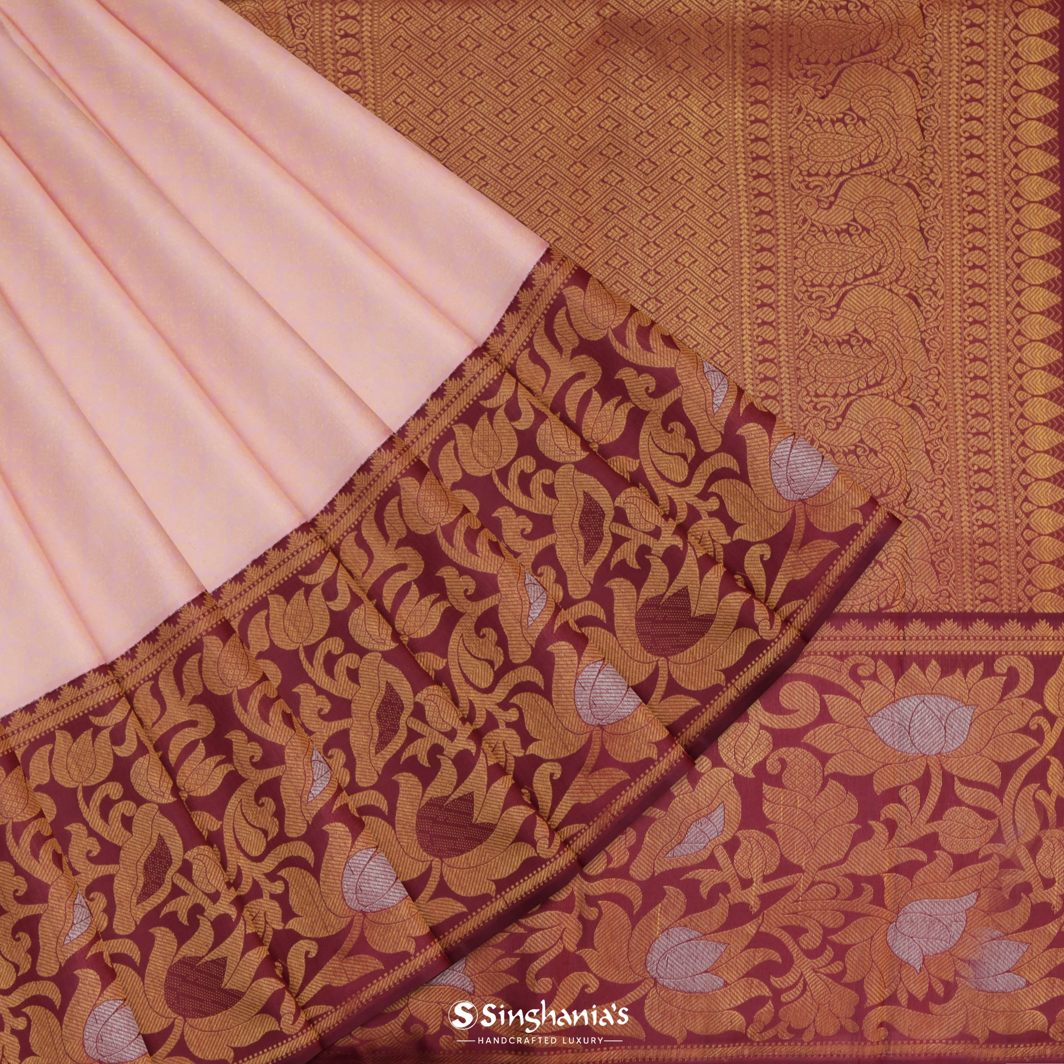 Baby Pink Silk Kanjivaram Saree With Floral Motifs,