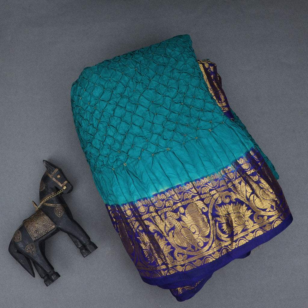 Dark Turquoise Kanjivaram Bandhani Silk Handloom Saree - Singhania's