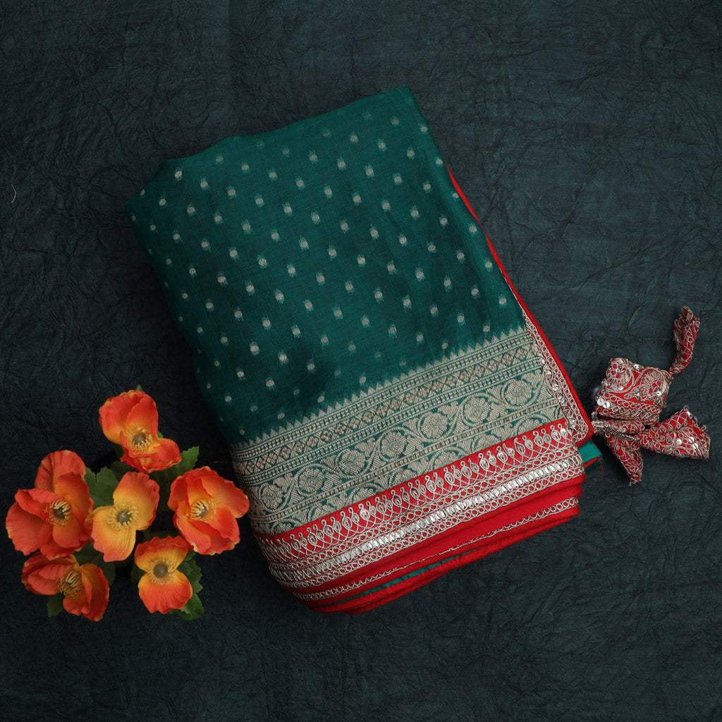 Forest Green Organza Saree With Embroidery - Singhania's