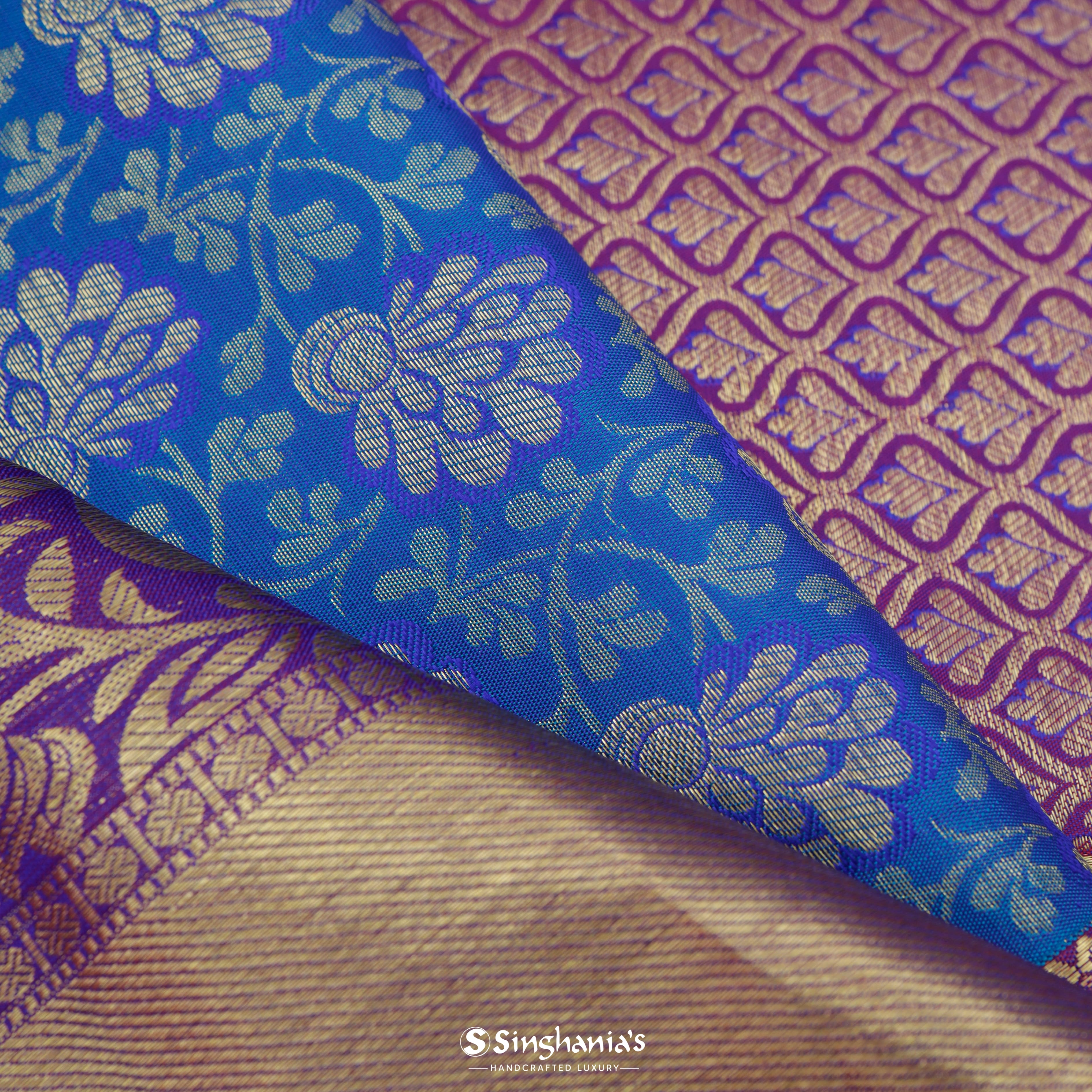 Cobalt Blue Silk Kanjivaram Saree In The Floral Pattern