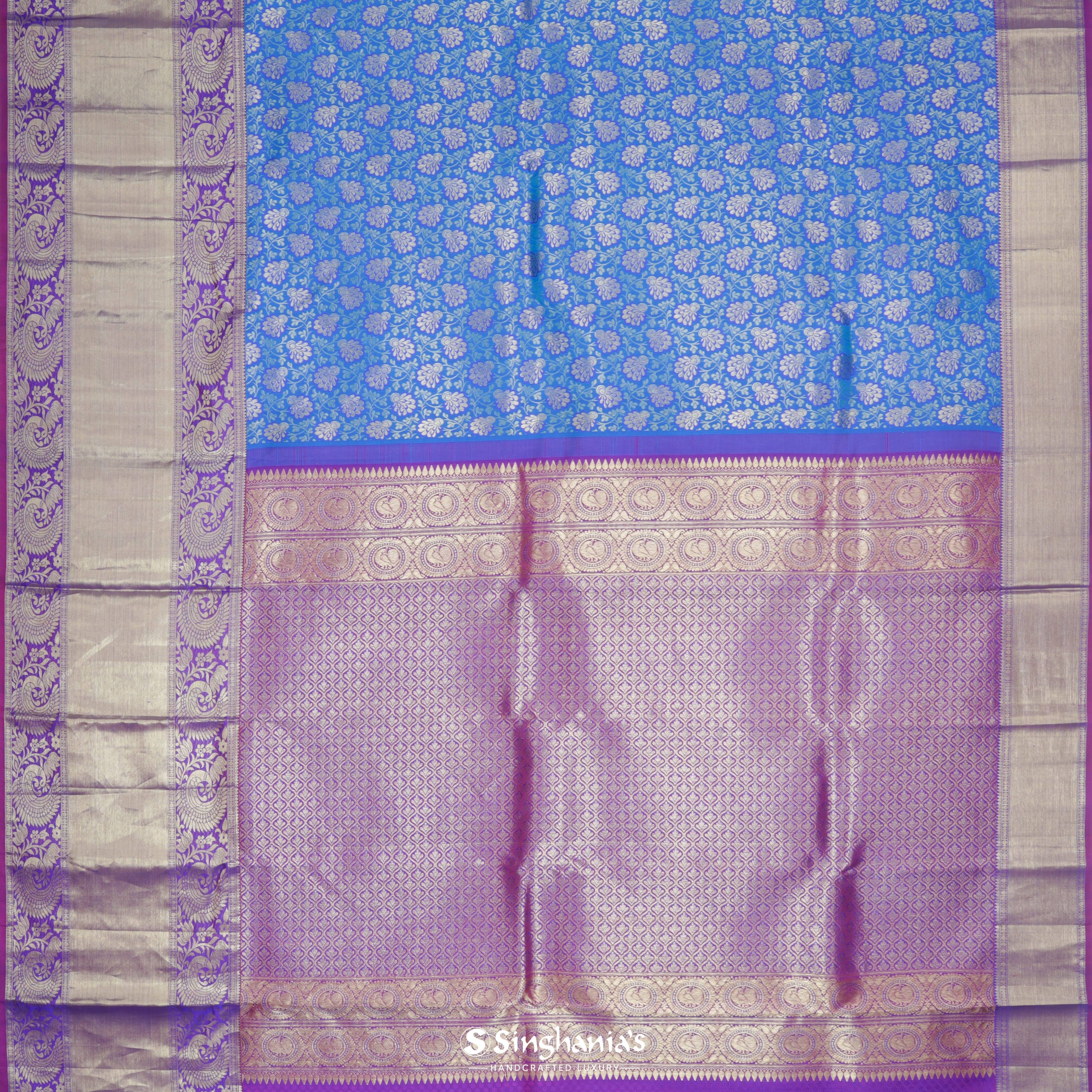 Cobalt Blue Silk Kanjivaram Saree In The Floral Pattern