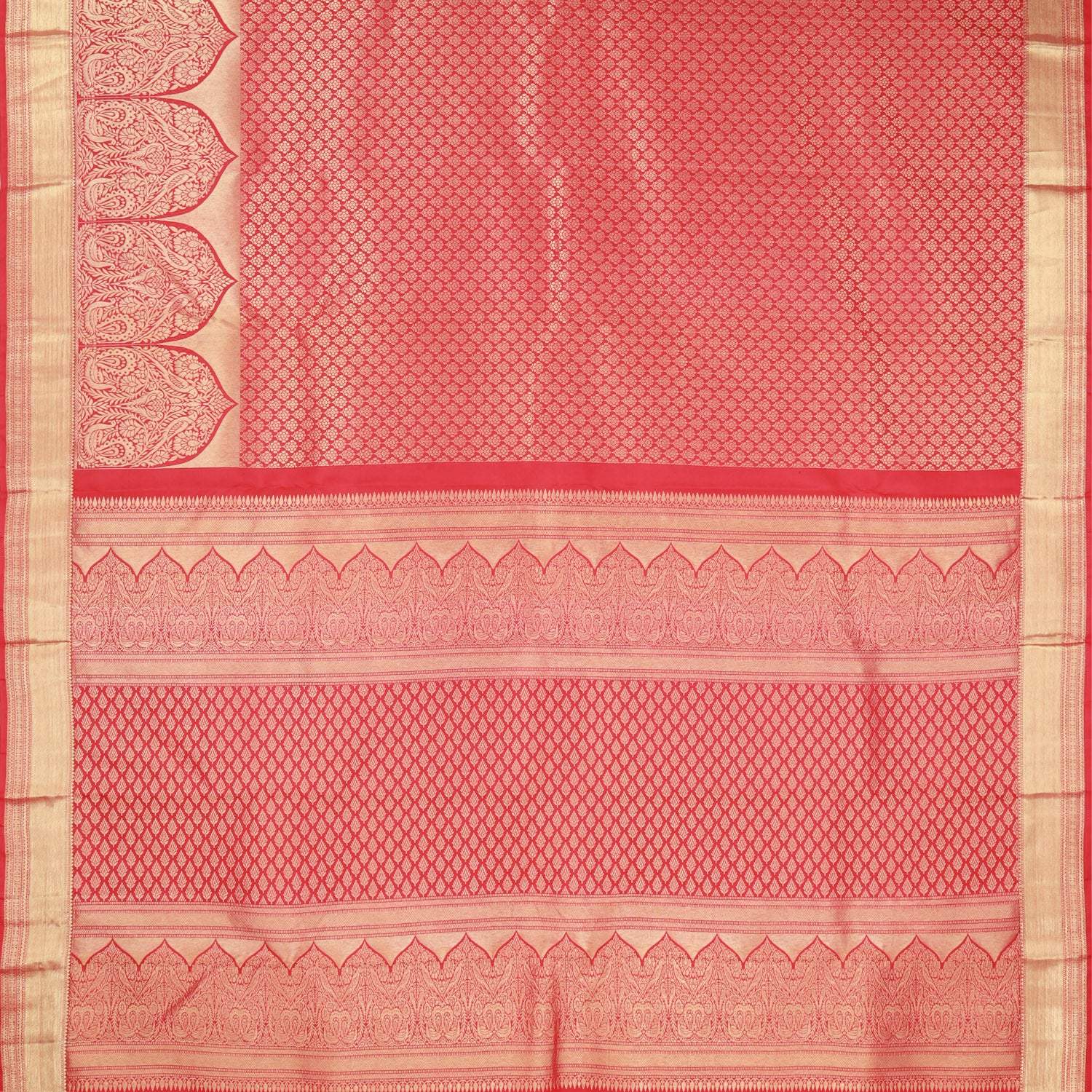 Red Orange Kanjivaram Silk Saree With Floral Buttis - Singhania's