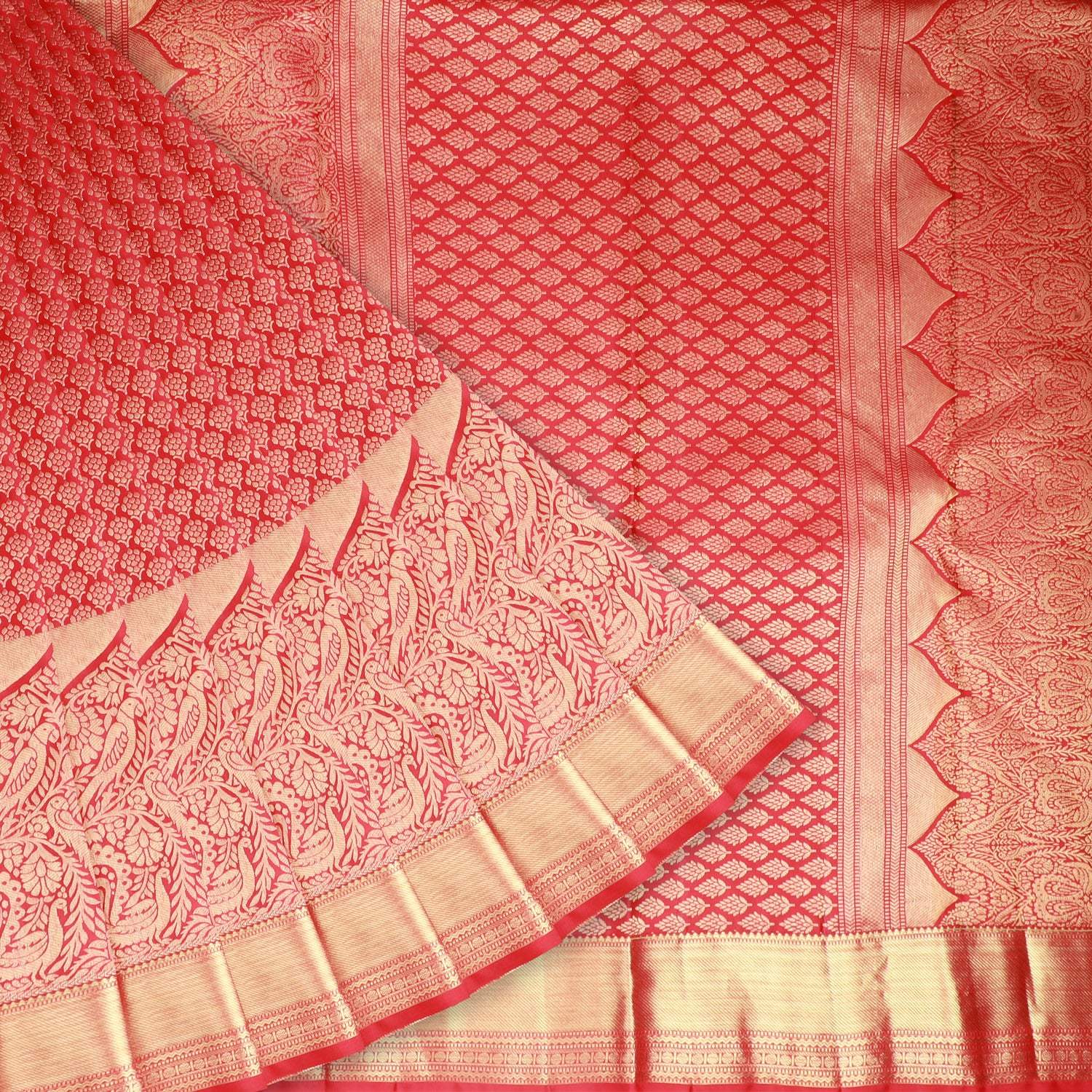 Red Orange Kanjivaram Silk Saree With Floral Buttis - Singhania's