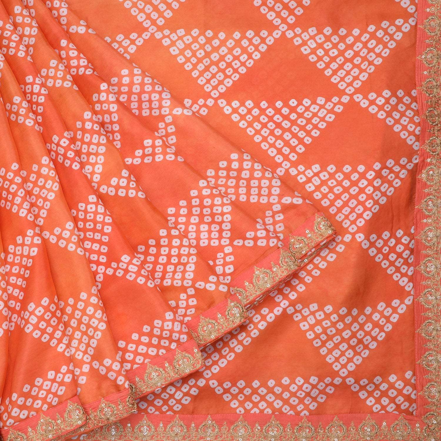 Orange Satin Bandhani Printed Saree - Singhania's