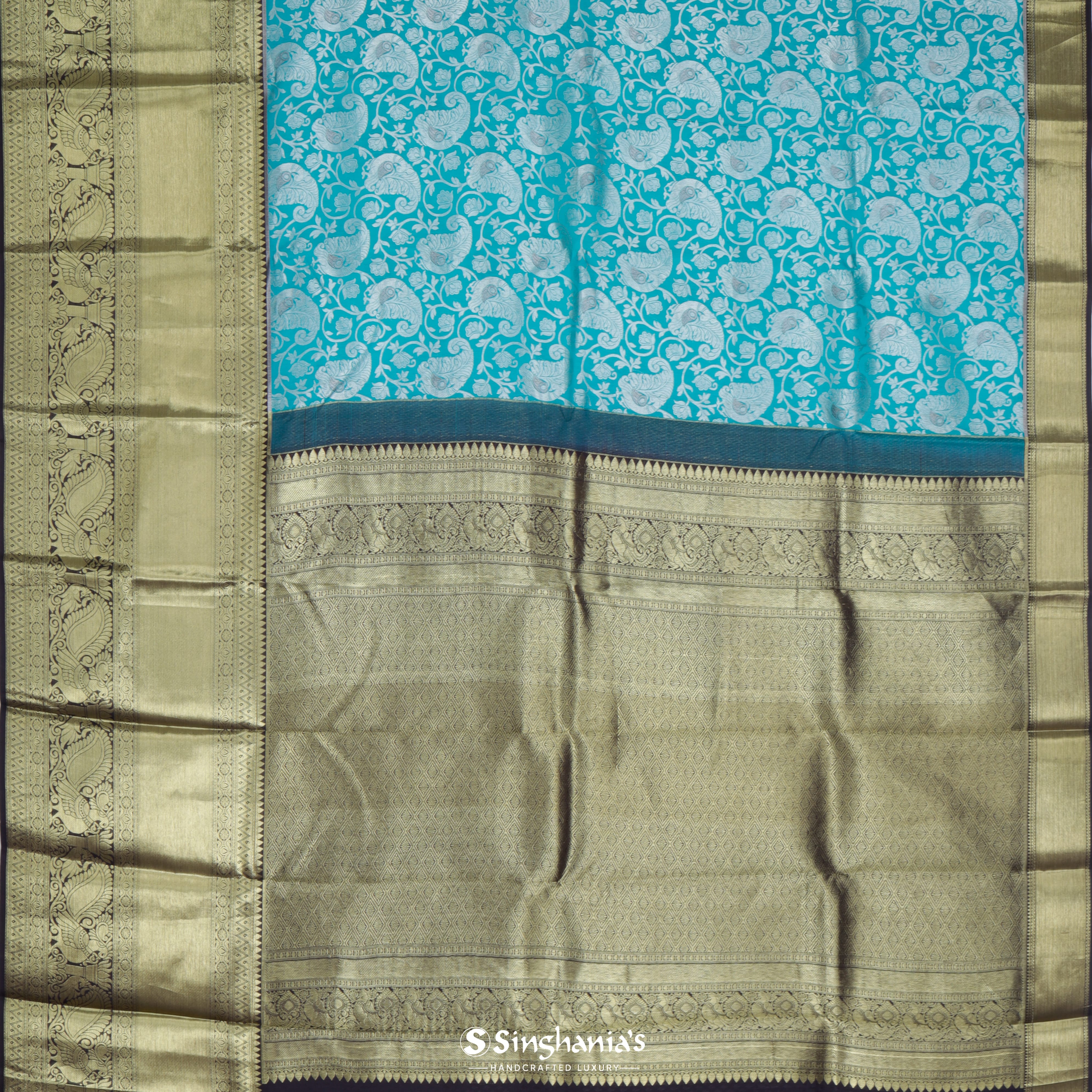 Arctic Blue Silk Kanjivaram Saree With Floral Motif Pattern