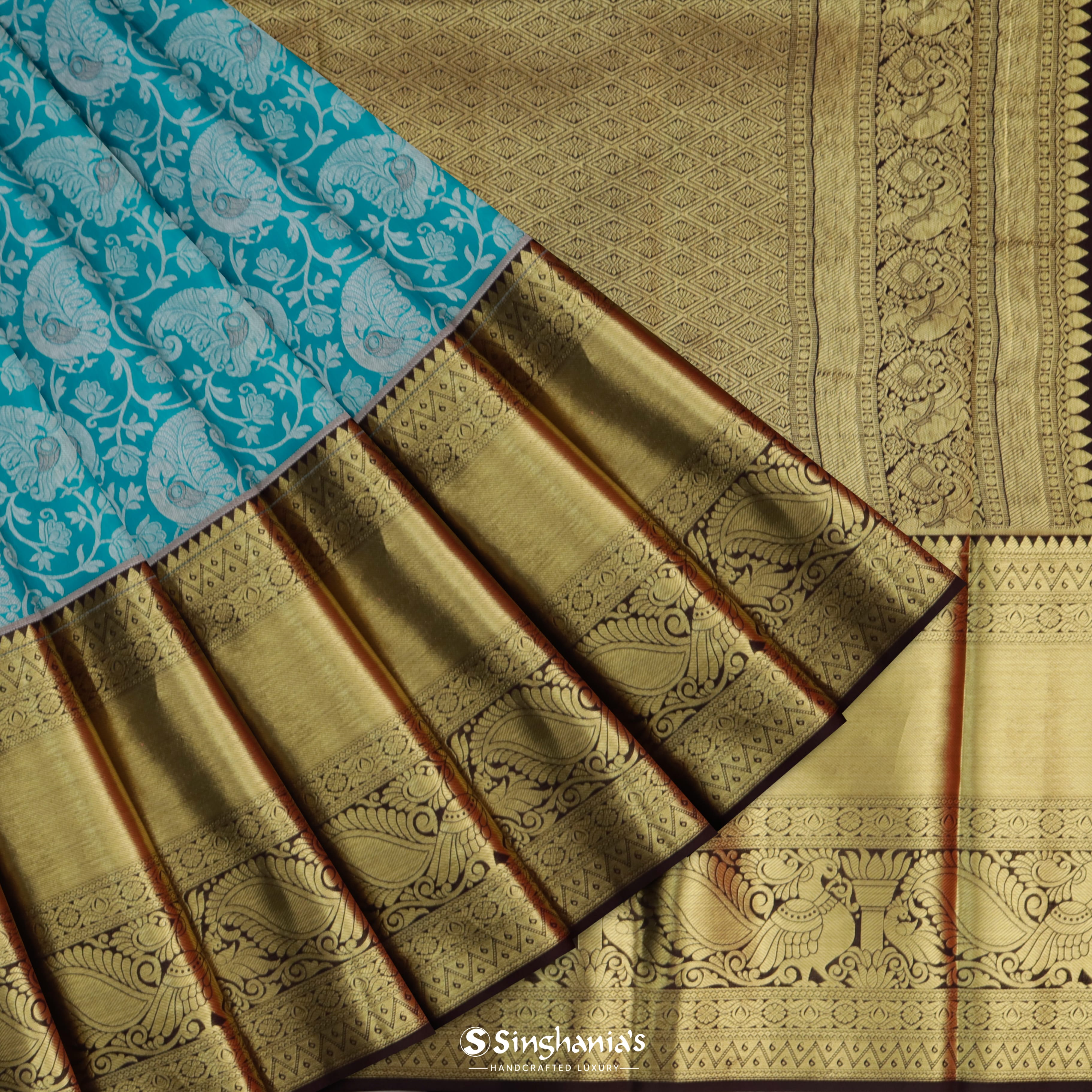 Arctic Blue Silk Kanjivaram Saree With Floral Motif Pattern