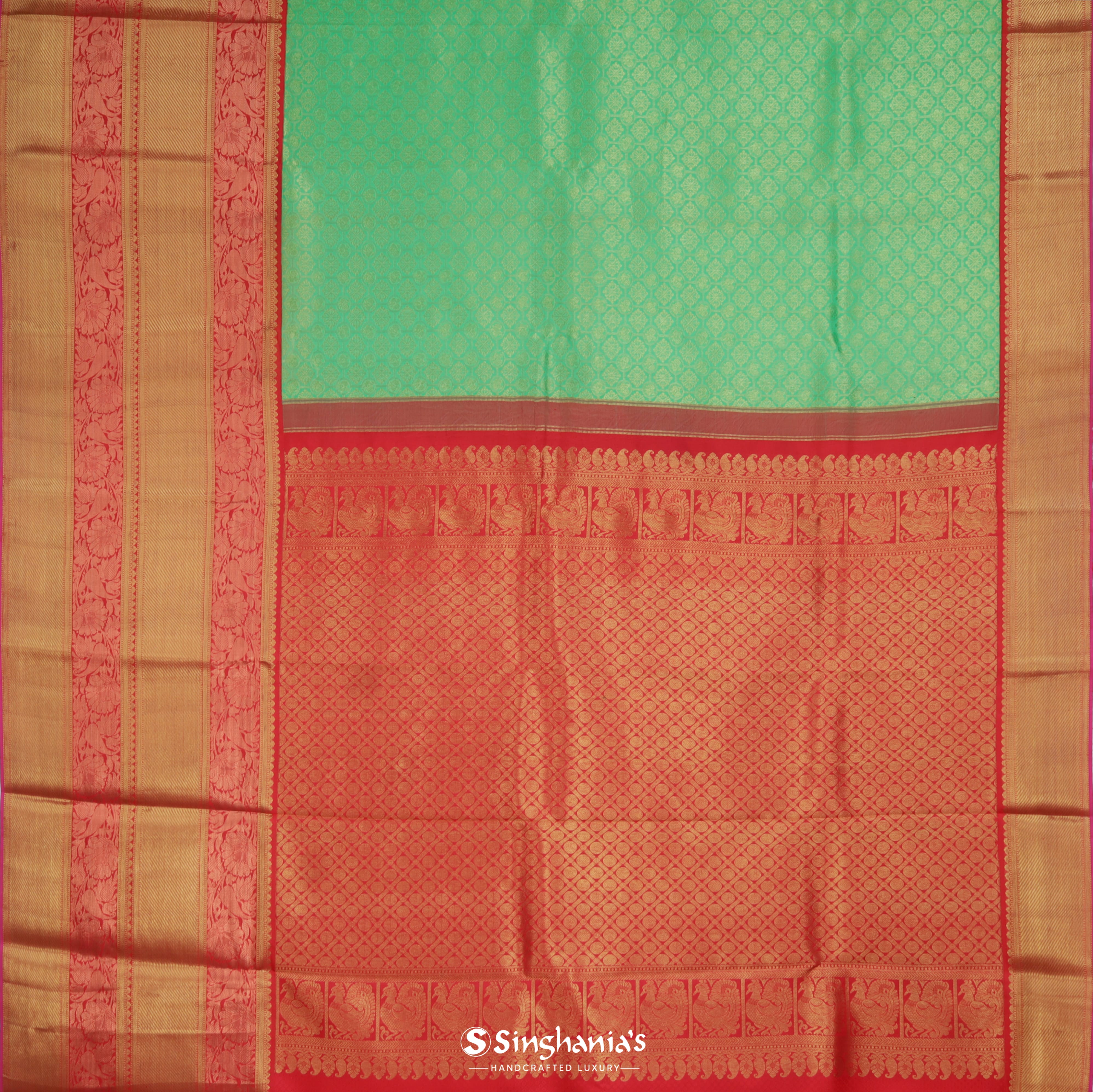 Light Mint Green Silk Kanjivaram Saree With Floral Motif Pattern